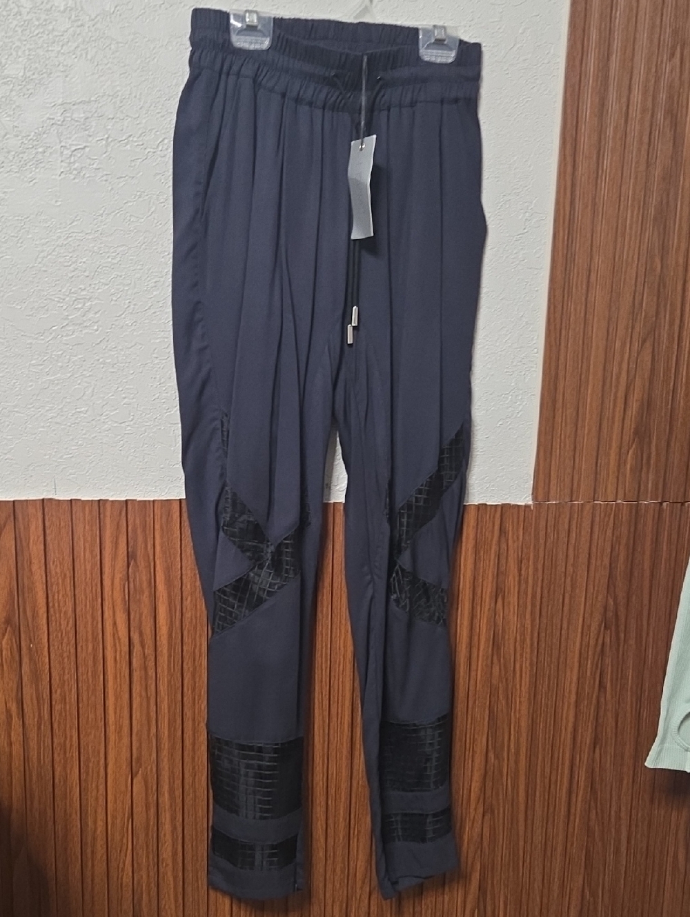 Davish Navy Blue Jogger Pants Elastic Waist Drawstring Textured Panel Slim Fit